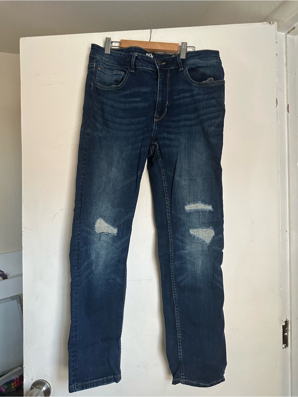 Dkny Men's Slim Straight Distressed Dark Blue Jeans
